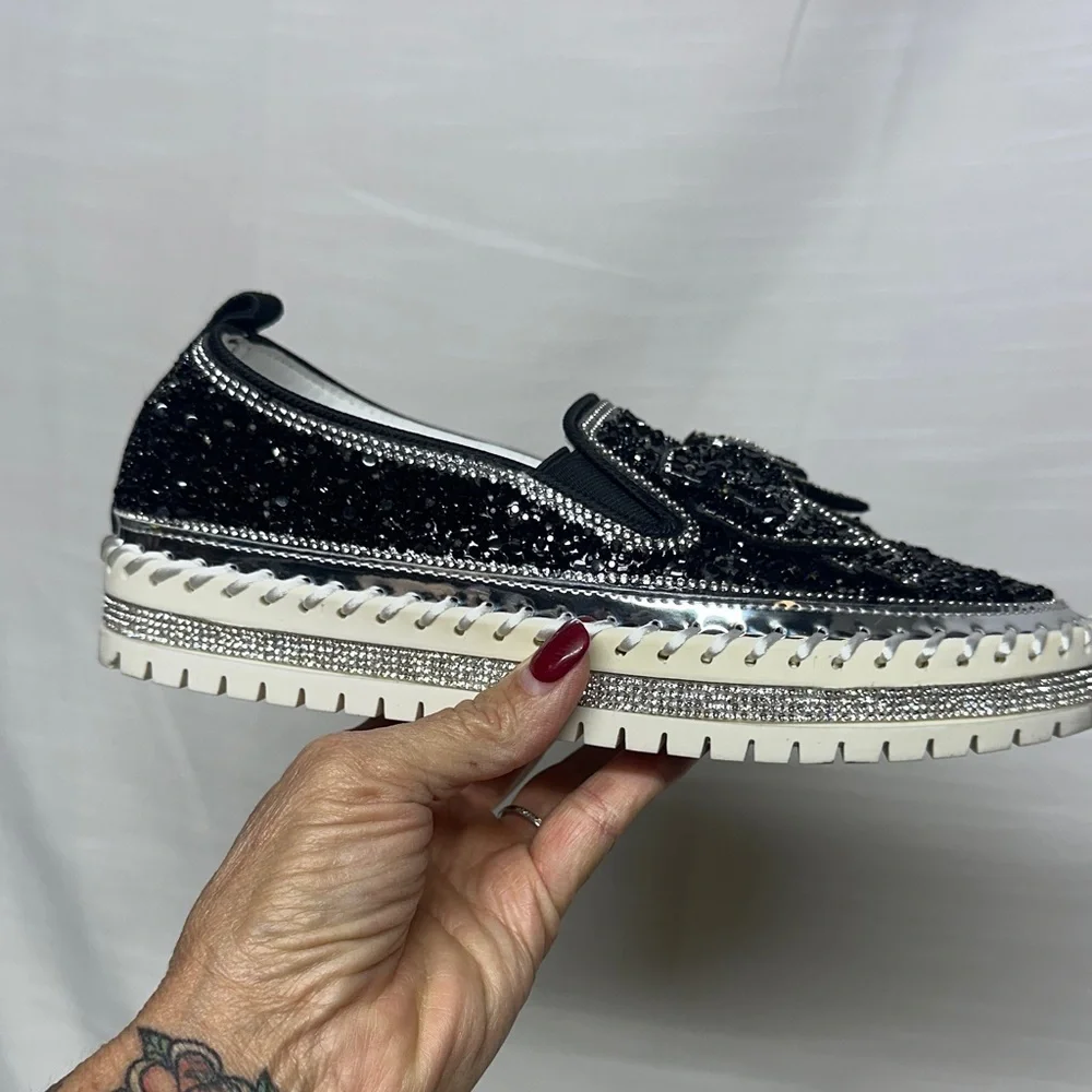 Black Glitter Loafers for Women